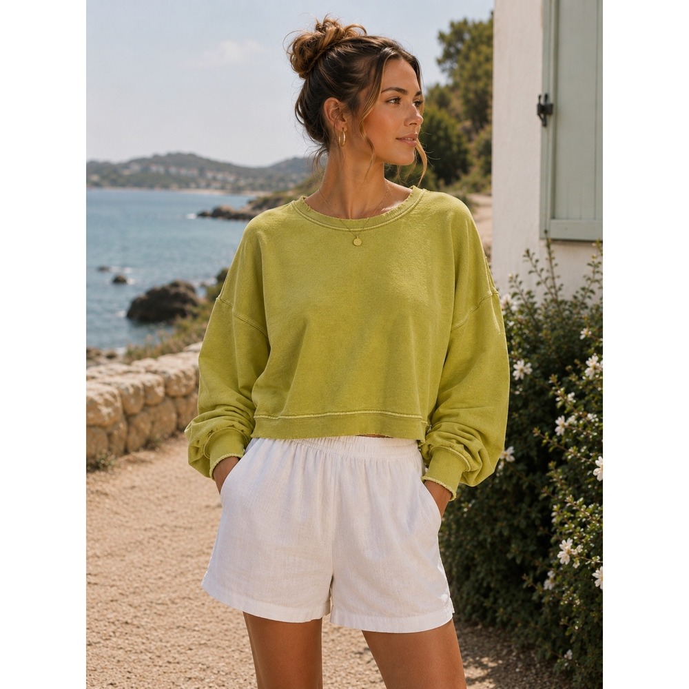 AMO Sweatshirt Women Small Green Cropped Organic Cotton Relaxed Made in USA